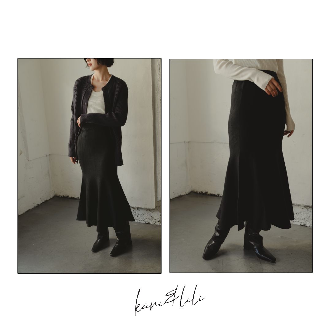 ▷mermaid knit sk¥6,490 taxinblack/darkgray/beige品番：WU257631B001#kariandlili #kari #カウリアンドリィリィ #カウリ #トレンド #トレンドアイテム #30代コーデ #20代コーデ #大人ファッション #大人スタイル #大人コーデ #大人カジュアル #大人フェミニン #高見え #高見えアイテム #大人のプチプラ #大人プチプラコーデ #マーメイドスカート #マーメイドスカートコーデ #ロングスカート #スカートコーデ