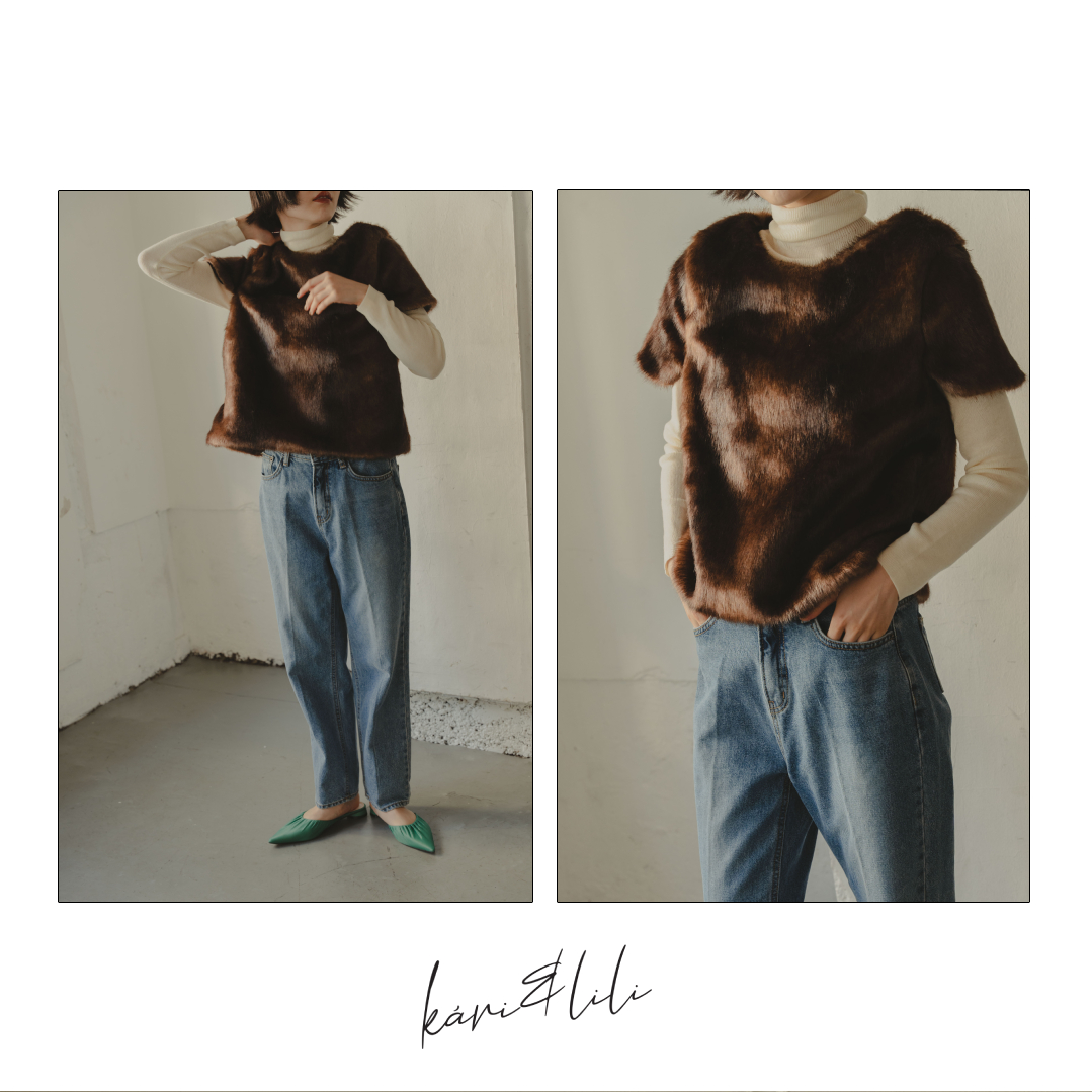 ▷fur vest￥9,790 taxinbrown/beige品番：WW257621B001#kariandlili #kari #カウリアンドリィリィ #カウリ #トレンド #トレンドアイテム #30代コーデ #20代コーデ #大人ファッション #大人スタイル #大人コーデ #大人カジュアル #大人フェミニン #高見え #高見えアイテム #大人のプチプラ #大人プチプラコーデ #ファートップス #ファーアイテム #ファーベスト #ファーベストコーデ