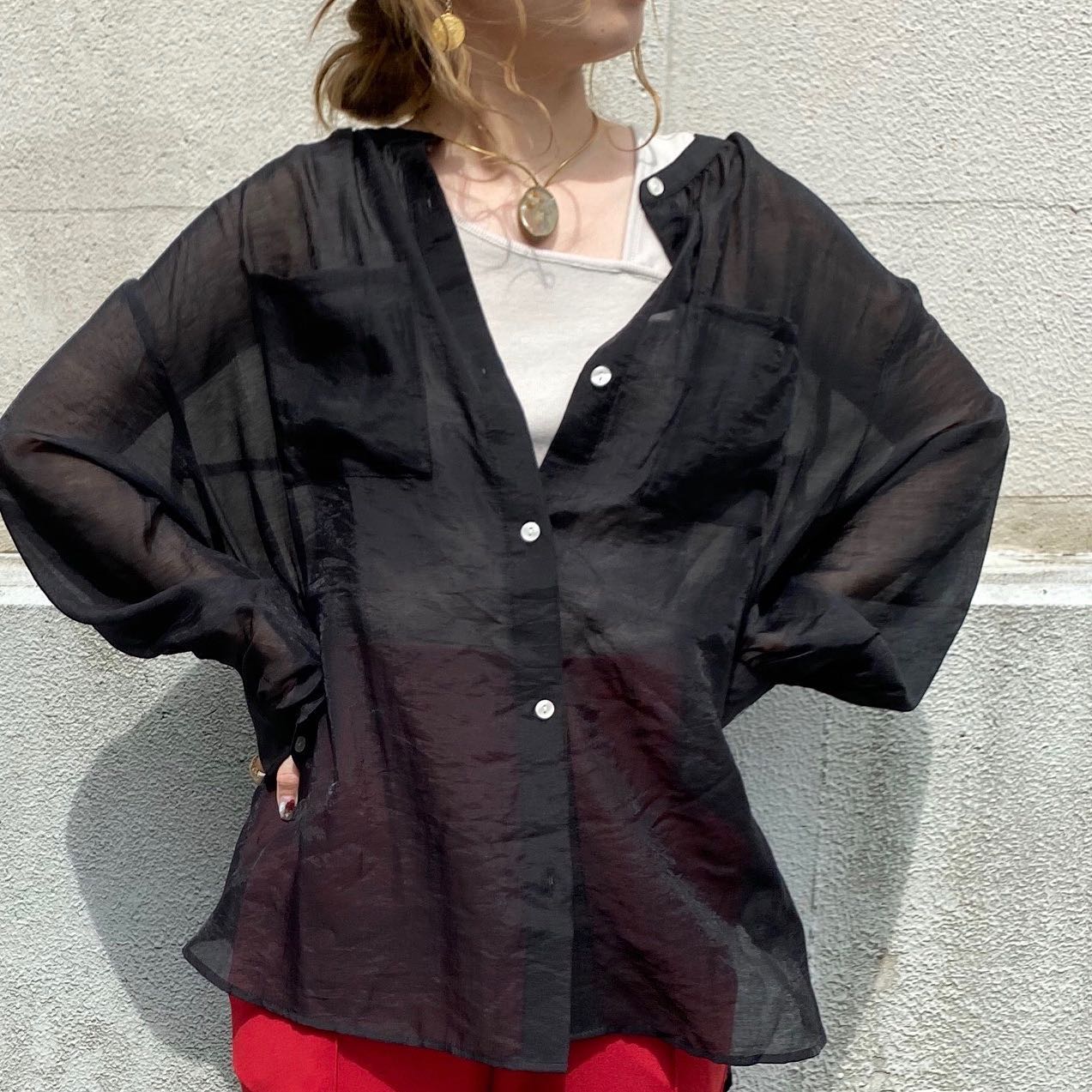 .【new color】﻿﻿﻿?RE080023T001バンドカラーシアーSH▷¥2,500+tax﻿(店舗今週入荷.オンライン近日入荷予定)﻿﻿新色　ブラック入荷致しました﻿ ﻿#retrogirl_style#retrogirl2020ss﻿#レトロガール#レトロガールコーデ#シアーシャツ#バンドカラーシャツ