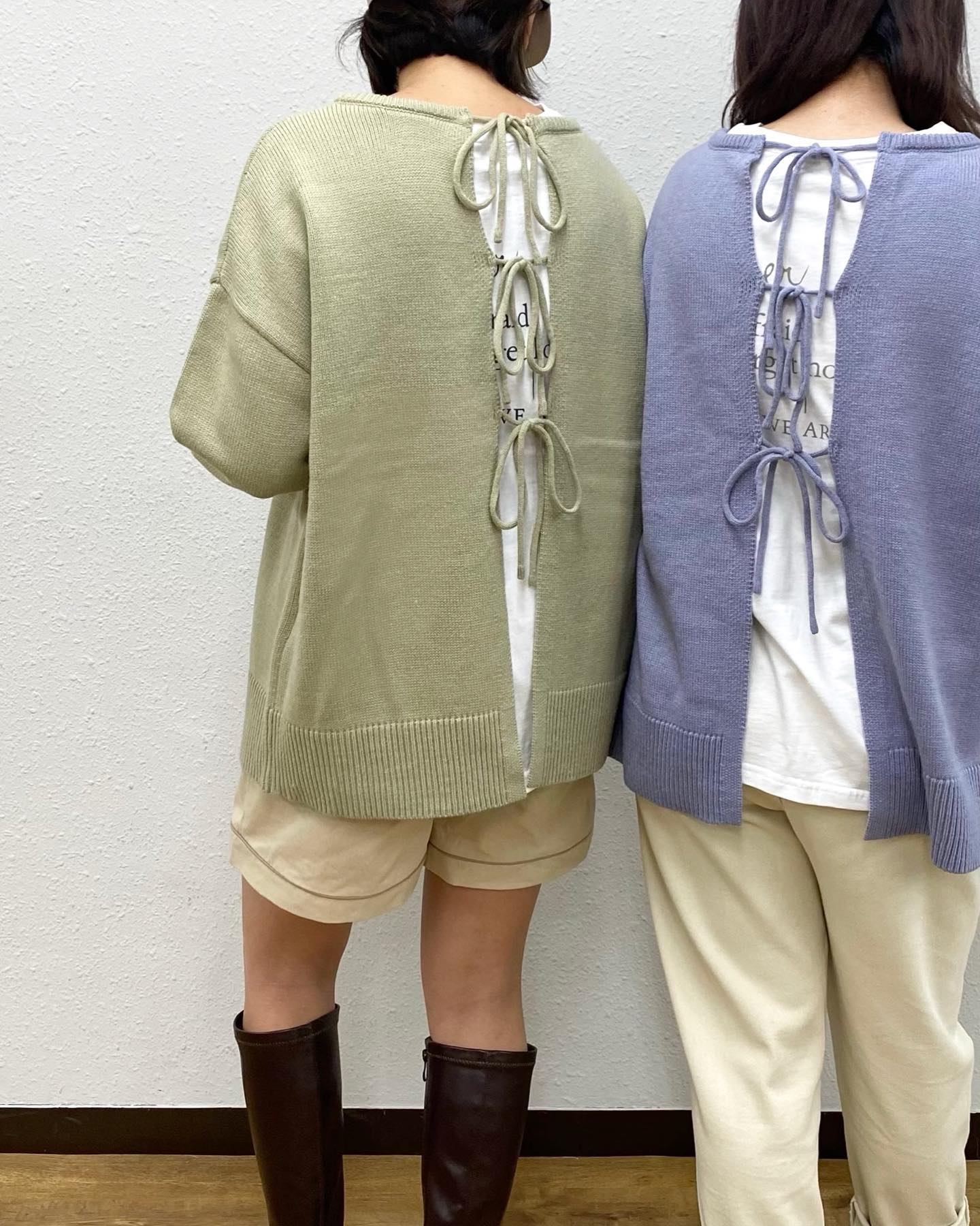 .【new arrival】﻿﻿﻿?RP039412B001  2WAYﾆｯﾄﾛﾝTｾｯﾄ▷¥4,290(税込)(店舗今週入荷.オンライン近日入荷予定)﻿﻿∥color∥﻿  beige / khaki / purple 定番のﾛｺﾞﾌﾟﾘﾝﾄﾛﾝTとﾚｰｽｱｯﾌﾟﾆｯﾄがSETになったｱｲﾃﾑﾛﾝﾃｨｰのｶﾗｰもそれぞれ違って、単体使いで着回しもばつぐん！﻿#retrogirl_ootd#レトロガール#レトロガールコーデ#トレンドファッション#プチプラコーデ#おそろいコーデ #いろち#レースアップ #ロンティー#ショーパンコーデ #ロングブーツ
