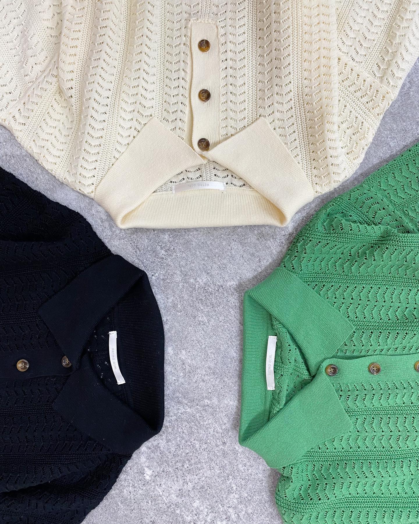 【new arrival】? RM256412B001ｽｶｼﾎﾟﾛﾆｯﾄ▷¥2,750(税込)(店舗入荷中.ｵﾝﾗｲﾝ近日入荷)∥color∥white / green / black#retrogirl_ootd #レトロガール #レトロガールコーデ #プチプラアイテム #プチプラファッション #プチプラコーデ #春アイテム #春コーデ #トレンドアイテム #トレンドファッション #カラーコーデ #カラーアイテム #カラーファッションコーデ #ポロニット #スカシニット