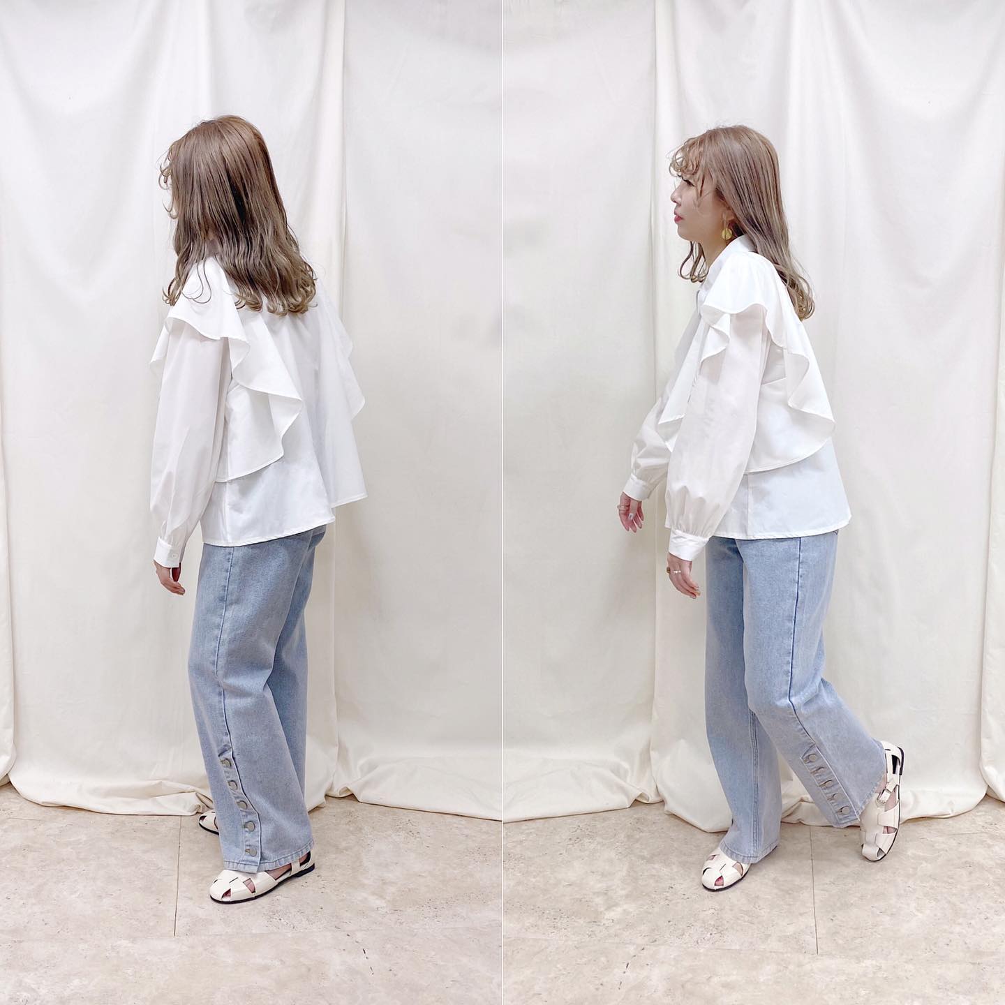 .﻿﻿﻿︎butterfly frill shirt﻿ ¥4,950﻿﻿﻿︎side button straight pants﻿ ¥4,950﻿﻿﻿今週入荷します♡﻿﻿﻿﻿﻿﻿﻿#ur_melty #ユアメルティ﻿#フリルシャツ #シャツコーデ #デニムコーデ﻿#春コーデ #韓国ファッション #韓国風﻿#오오티디 #데일리룩 #패션 #패션스타그램 #옷스타그램﻿#일본패션 #유아멜티 #코디 #코디스타그램