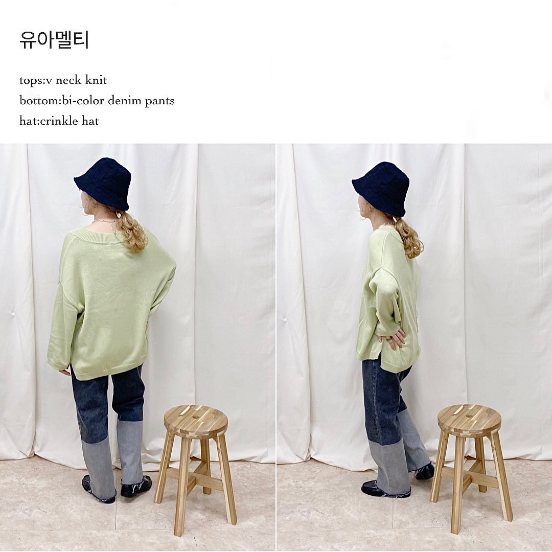 .﻿﻿︎Vネックニット﻿ ¥3,190 → ¥2,233﻿﻿ オンラインのみ販売中です?﻿﻿﻿﻿︎bi-color denim pants﻿ ¥5,390﻿﻿︎crinkle hat﻿ ¥3,190﻿﻿﻿﻿﻿﻿#ur_melty #ユアメルティ﻿#カラーニット #Vネックニット #ニットコーデ﻿#バイカラーデニム #デニムコーデ﻿#バケハ #バケットハット#バケハコーデ #バケハ女子﻿#春コーデ #韓国ファッション #韓国風﻿#오오티디 #데일리룩 #패션 #패션스타그램 #옷스타그램﻿#일본패션 #유아멜티 #코디 #코디스타그램