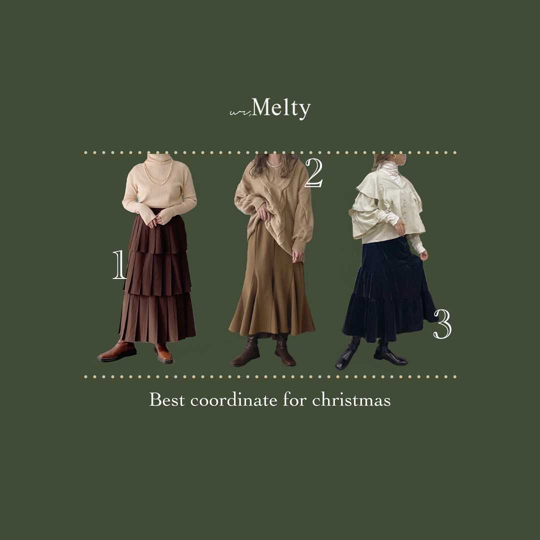 " Best coordinate for christmas. "ur,Meltyオススメの #クリスマスコーデ をご紹介しますスライドしてご覧下さいませオススメポイントもよければぜひ参考にしてみて下さい♡商品に関しましてはすべて取り扱い店舗、オンラインにて販売中です。素敵なクリスマスになりますように?#urmelty #ユアメルティ #ニット #ケーブルニット #ハイネックニット #カラーニット #フリルブラウス #プリーツスカート #マーメイドスカート #ギャザースカート #スカートコーデ #ニットコーデ #ブラウスコーデ #モノトーンコーデ #ブラウンコーデ #ガーリーアイテム #カジュアルアイテム #韓国っぽ #韓国っぽコーデ #韓国ファッション #韓国風 #コリヨジャ #オトジョ #大人女子 #オトジョコーデ #コーデまとめ