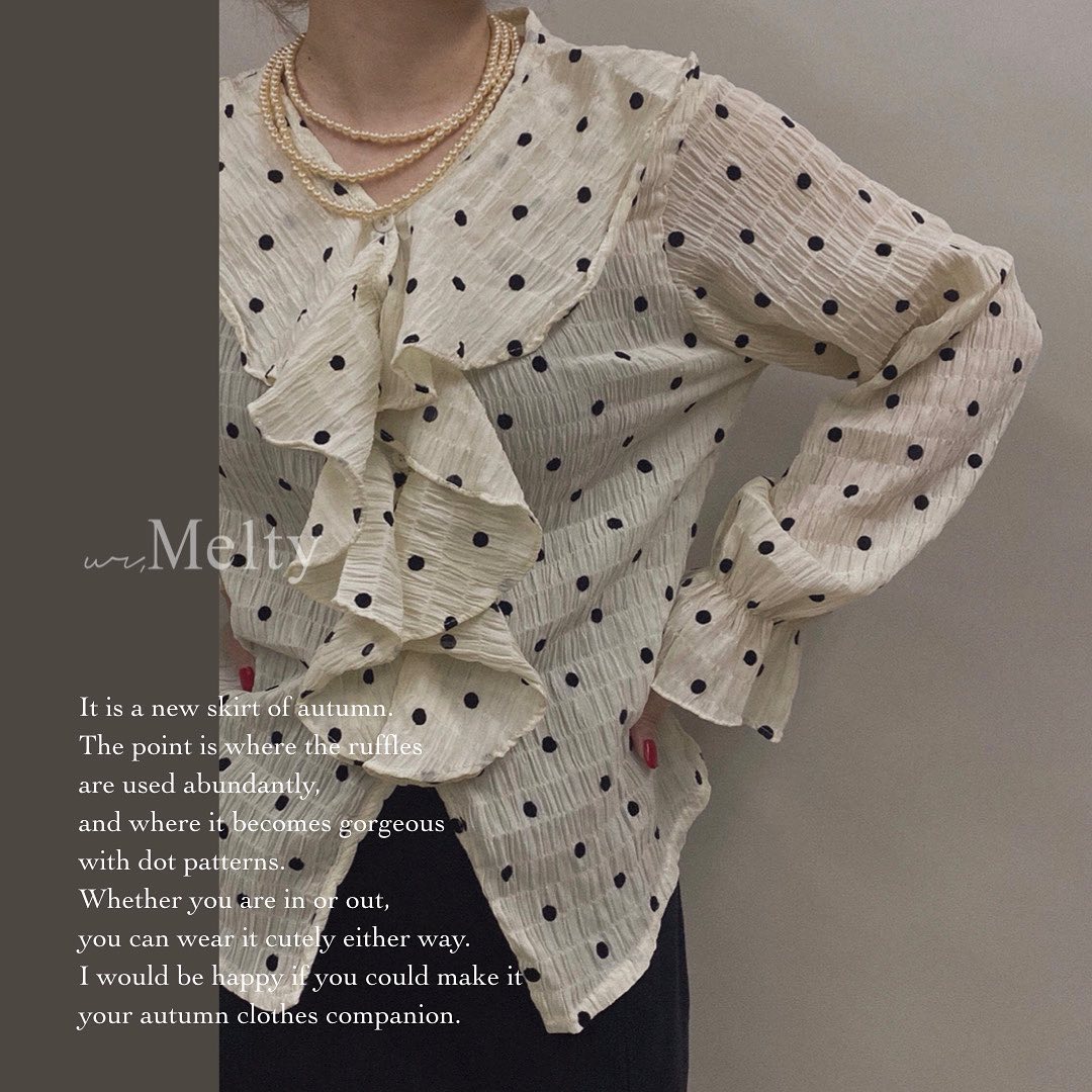 " newarrival "⁡︎ドット柄フリルブラウス ¥4,290⁡⁡⁡取り扱い店舗入荷致しました。⁡オンラインには近日入荷を予定しております。もう少々お待ち下さいませ。⁡⁡⁡ ⁡⁡⁡⁡⁡⁡ #urmelty #ユアメルティ #ブラウス #フリルブラウス #ドット柄ブラウス #ブラウスコーデ #フリルブラウスコーデ  #ドット柄コーデ #スカート #マーメイドスカート #スリットスカート #カラースカート #スカートコーデ #マーメイドスカートコーデ #カラースカートコーデ #ガーリーコーデ #ガーリーアイテム #カジュアルコーデ #カジュアルアイテム #秋アイテム #秋コーデ #韓国っぽ #韓国っぽコーデ #韓国ファッション #韓国風 #コリヨジャ #オトジョ #大人女子 #オトジョコーデ