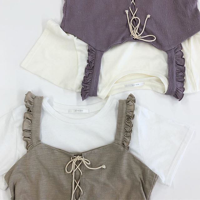 .【new arrival】.?RE941511B012フリルビスチェset▷¥2,900+tax(店舗入荷中).∥color∥ beige / purple..#retrogirl#newarrival#fashion#summer#tops#bustier#レトロガール#カジュアル#カジュアルアイテム#プチプラ#プチプラアイテム#プチプラファッション#プチプラコーデ#ビスチェ#フリルビスチェ