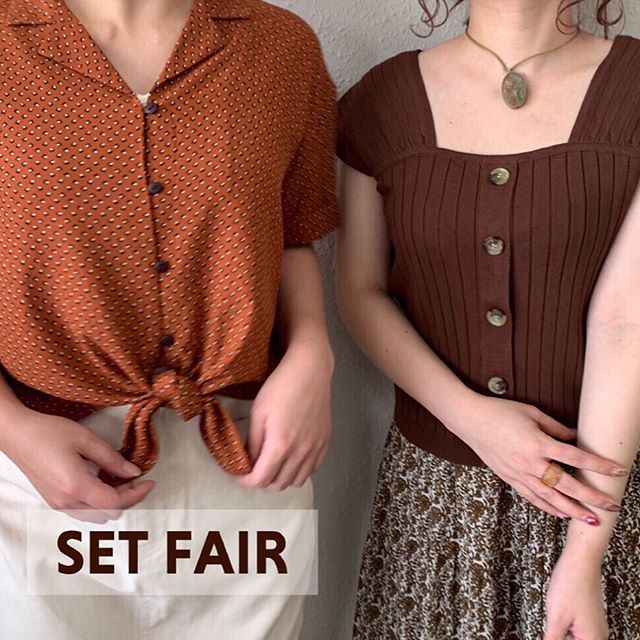 .【SET FAIR !!!】.＼ 8/1(木)〜8/18(日) ／対象の新作商品２点お買い上げで¥3,000+tax !!お得なSET FAIR .?RE937523B015裾結び柄開襟SH∥color∥ orange / beige / black..?RE980012B015リブニットビスチェ∥color∥ pink / brown / beige / black..#retrogirl#newarrival#fashion#autumn#レトロガール#カジュアル#カジュアルアイテム#プチプラ#プチプラアイテム#プチプラファッション#プチプラコーデ#ニットビスチェ#開襟シャツ