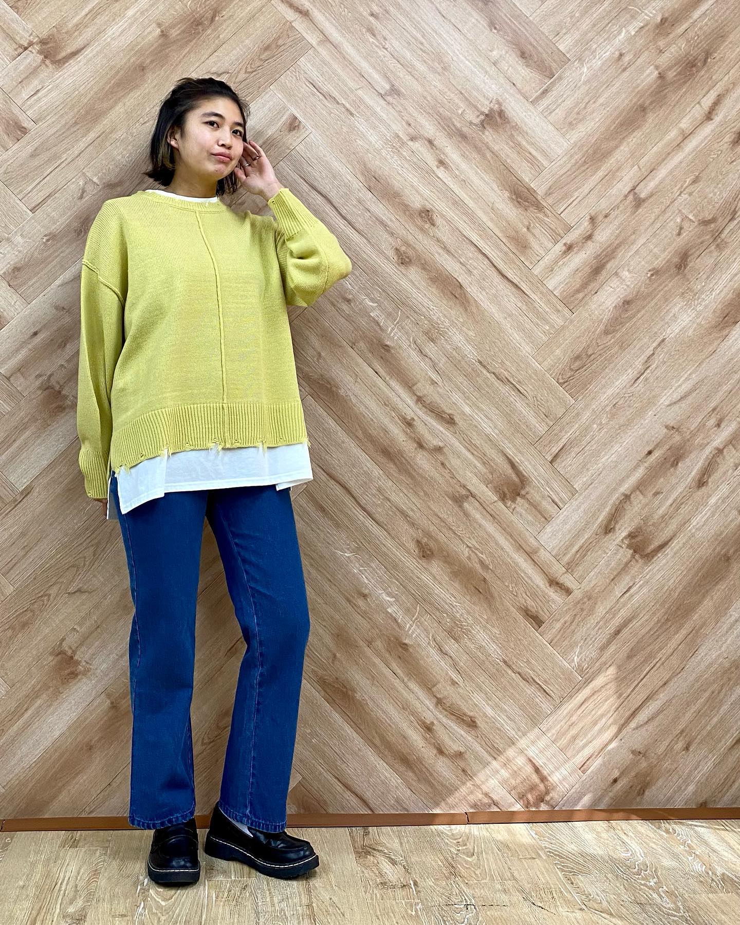 .【new arrival】?RP180012B003 FﾚｲﾔｰﾄﾞﾀﾞﾒｰｼﾞNT▷¥3,190(税込)(店舗今週入荷.オンライン近日入荷予定)﻿∥color∥yellow / beige / blue#レトロガール#レトロガールコーデ#トレンドファッション#プチプラコーデ#ダメージ #ダメージニット #デニム #デニムコーデ #春カラー #春コーデ #2021ss