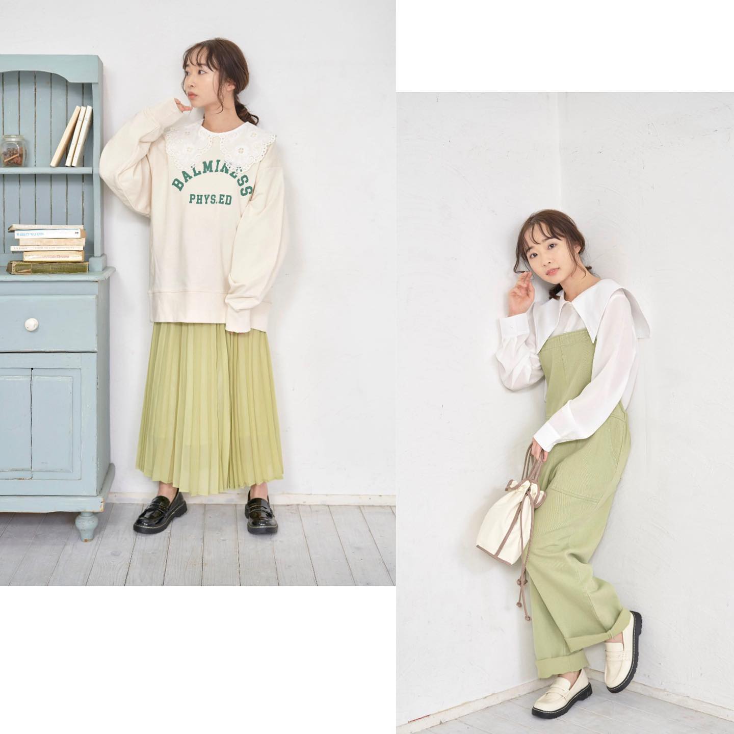 .【2021 Spring】　@mio.t21 #retrogirl_ootd#レトロガール#レトロガールコーデ#トレンドファッション#プチプラコーデ#春カラー #春コーデ #2021ss#でか襟 #襟付きブラウス #オーバーサイズ #プリーツスカート #オーバーオール #ライムグリーン