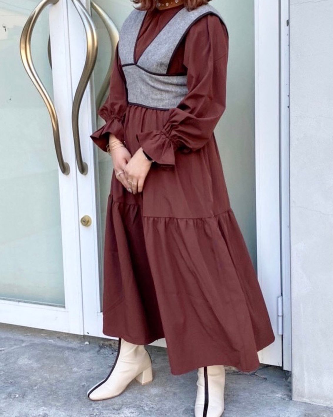 【New arrival】? RF137522B001  ﾋﾞｽﾁｪSETﾃｨｱｰﾄﾞﾜﾝﾋﾟｰｽ▷¥4,290(税込)(店舗今週入荷.オンライン近日入荷) ∥color∥brown / green / black#retrogirl_ootd#レトロガール#レトロガールコーデ#トレンドファッション#プチプラコーデ#秋カラー #秋コーデ #2021aw#ビスチェ付ワンピース　#ティアードワンピース