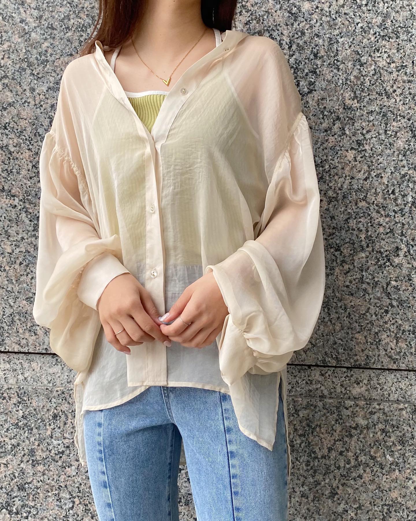 【new arrival】⁡? RM256623B001袖ﾎﾞﾘｭｰﾑｼｱｰｼｬﾂ▷¥3,190(税込)(店舗入荷中.ｵﾝﾗｲﾝ近日入荷)⁡white / brown / blue#retrogirl_ootd #レトロガール #レトロガールコーデ #プチプラアイテム #プチプラファッション #プチプラコーデ #春アイテム #春コーデ #トレンドアイテム #トレンドファッション #カラーコーデ #カラーアイテム #カラーファッション #シアーシャツ　#シャツ