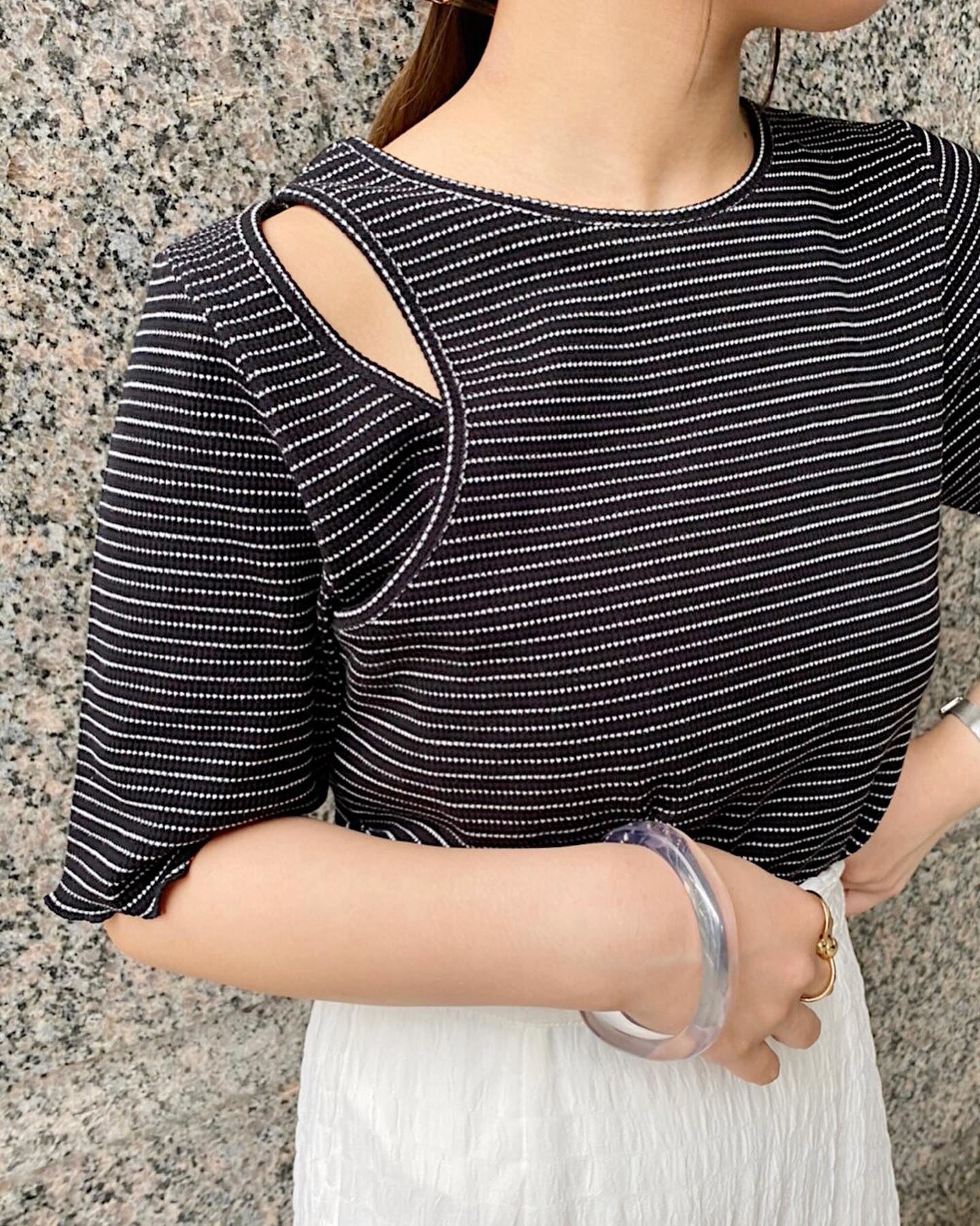 【new arrival】⁡? RE239411B001ﾜｯﾌﾙﾎﾞｰﾀﾞｰ肩ｱｷTee▷¥2,090(税込)(店舗入荷中.ｵﾝﾗｲﾝ近日入荷)white / green / black#retrogirl_ootd #レトロガール #レトロガールコーデ #プチプラアイテム #プチプラファッション #プチプラコーデ #夏アイテム #夏コーデ #トレンドアイテム #ワッフルTee #肩アキTee