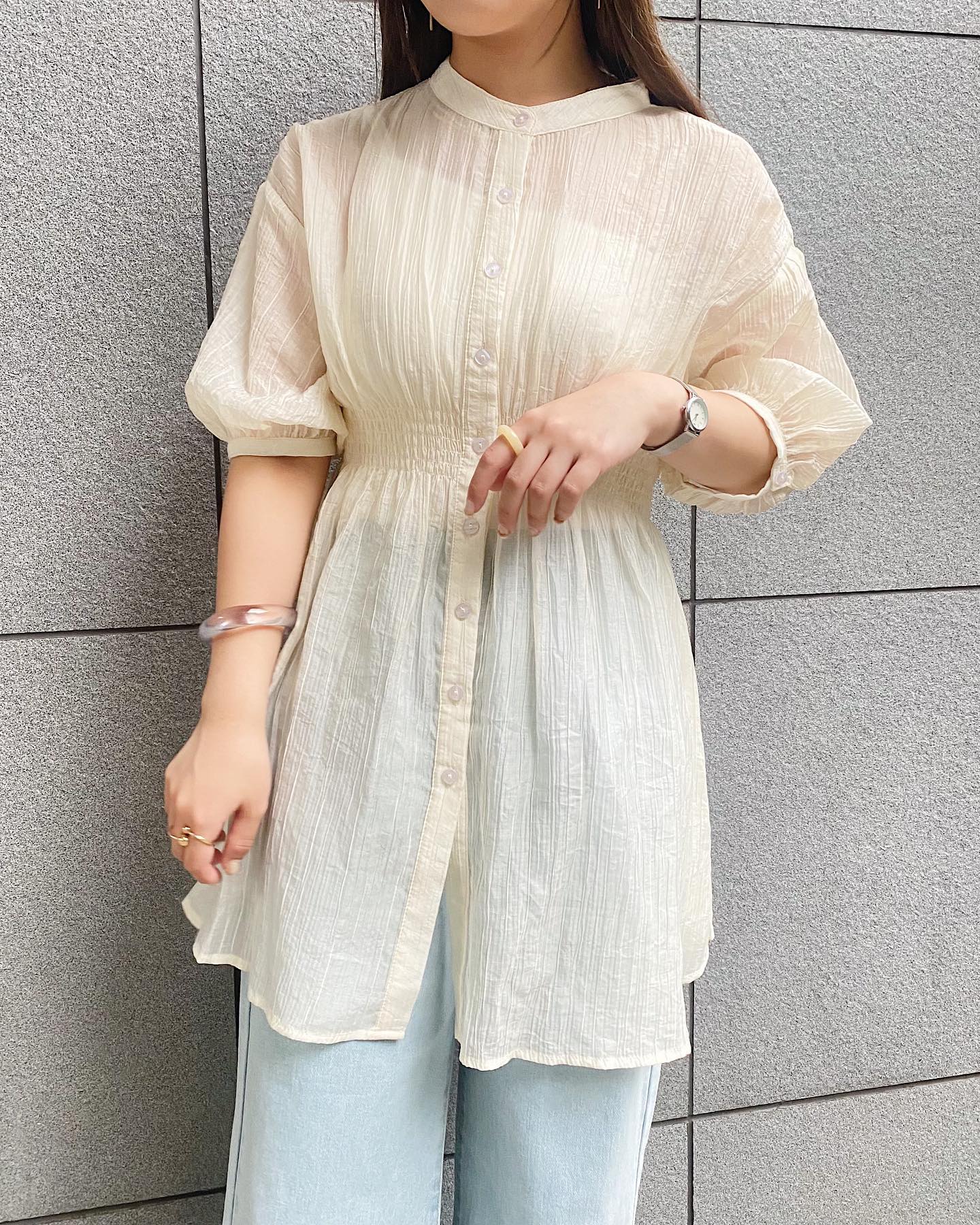 【new arrival】⁡? RE257023B0015部袖ｼｬｰﾘﾝｸﾞｼｬﾂ▷¥3,630(税込)(店舗入荷中.ｵﾝﾗｲﾝ近日入荷)white / green / black#retrogirl_ootd #レトロガール #レトロガールコーデ #プチプラアイテム #プチプラファッション #プチプラコーデ #夏アイテム #夏コーデ #トレンドアイテム #シャーリングシャツ　#シャツ　#シャツコーデ