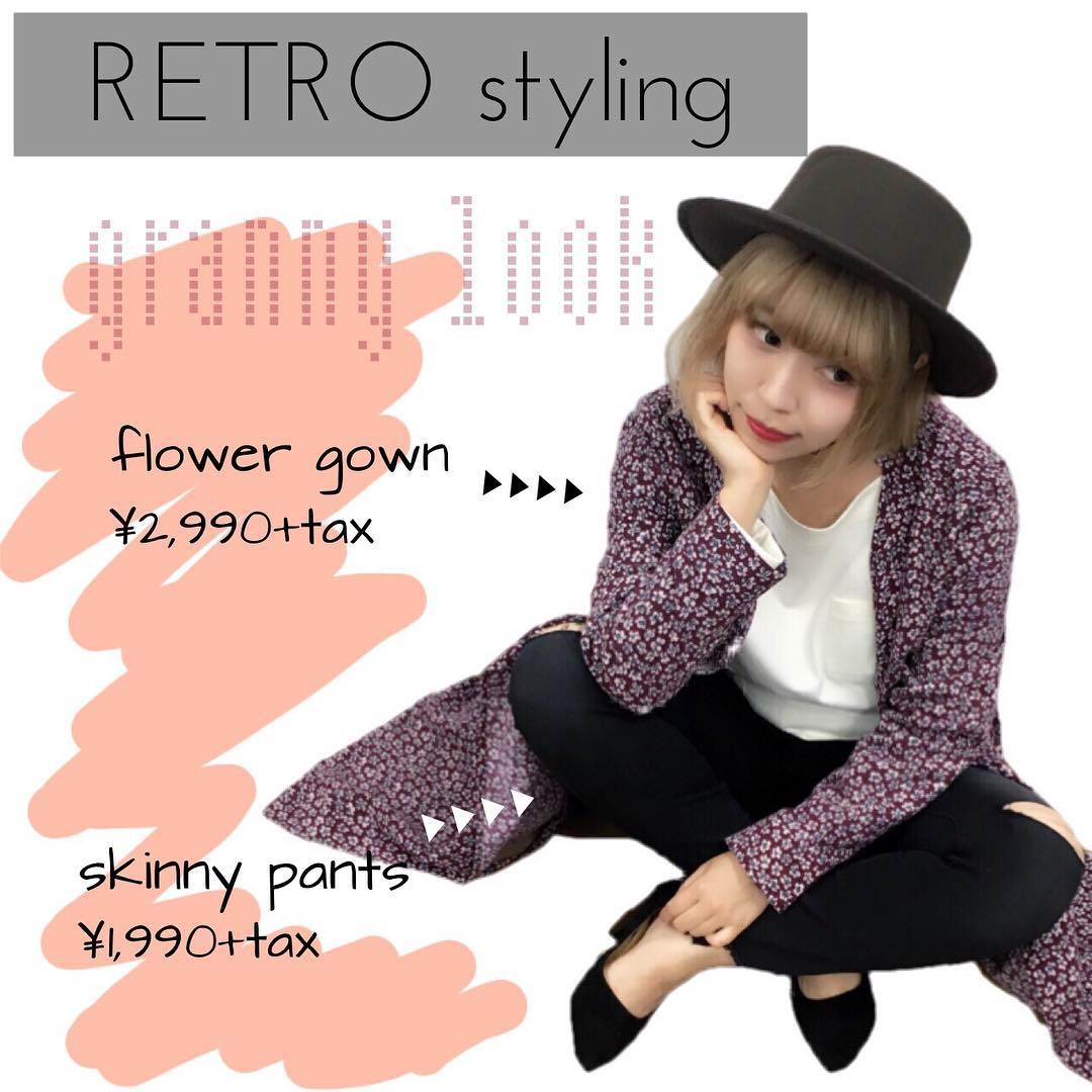 ▽season styling▽注目のグラニールック❣花柄ガウンはワンピースでも着れる2way??今週入荷のスキニーパンツはストレッチが効いてて履きやすさ◎是非店頭でチェックしてね#retrogirl #レトロガール#instagood #fashion #カンカン帽#花柄ガウン#ワンピース#スキニーパンツ#グラニールック#ootd#プチプラ#トレンド#おしゃれ#instafashion