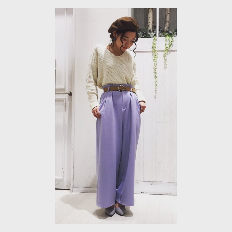 .〓staff styling〓..ハイウエストなワイドパンツは足長効果抜群.トレンドの丸カンベルト付きで更にすっきりとした印象に..丸カンベルト付ワイドパンツ.¥1,990+tax.あぜ編みVネックニット.¥990+tax..八尾アリオ店.#retrogirl#2017ss#プチプラ#fashion