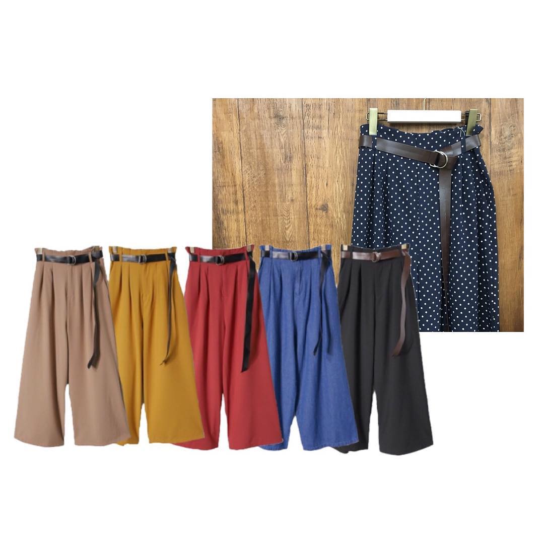 .【pick up item】.Dカンベルト付タックワイドPT¥1,990+taxbeige/mustard/red/denim/black/dot6color︎︎︎.#retrogirl #outfit #プチプラ #ドットパンツ #ワイドパンツ