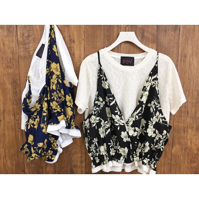 .【RETRO BOY】..flower camidocking tee¥2,990+taxnavy/black 2color︎︎︎.--------------------▷店舗限定アイテム▷ルミネEST新宿店▷6/15〜店頭販売start--------------------.#retrogirl#retroboy#fashion#flower#tee#outfit#girly#casual